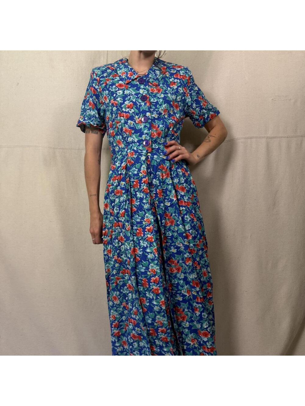 Vintage S. Roberts Blue Floral Rayon Dress – Size 12